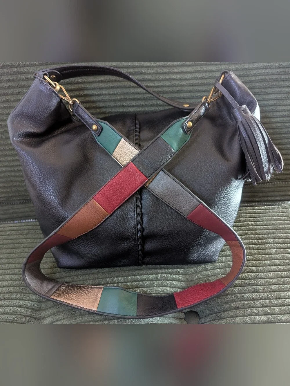 Black Leather Shoulder Bag with Multicolor Strap